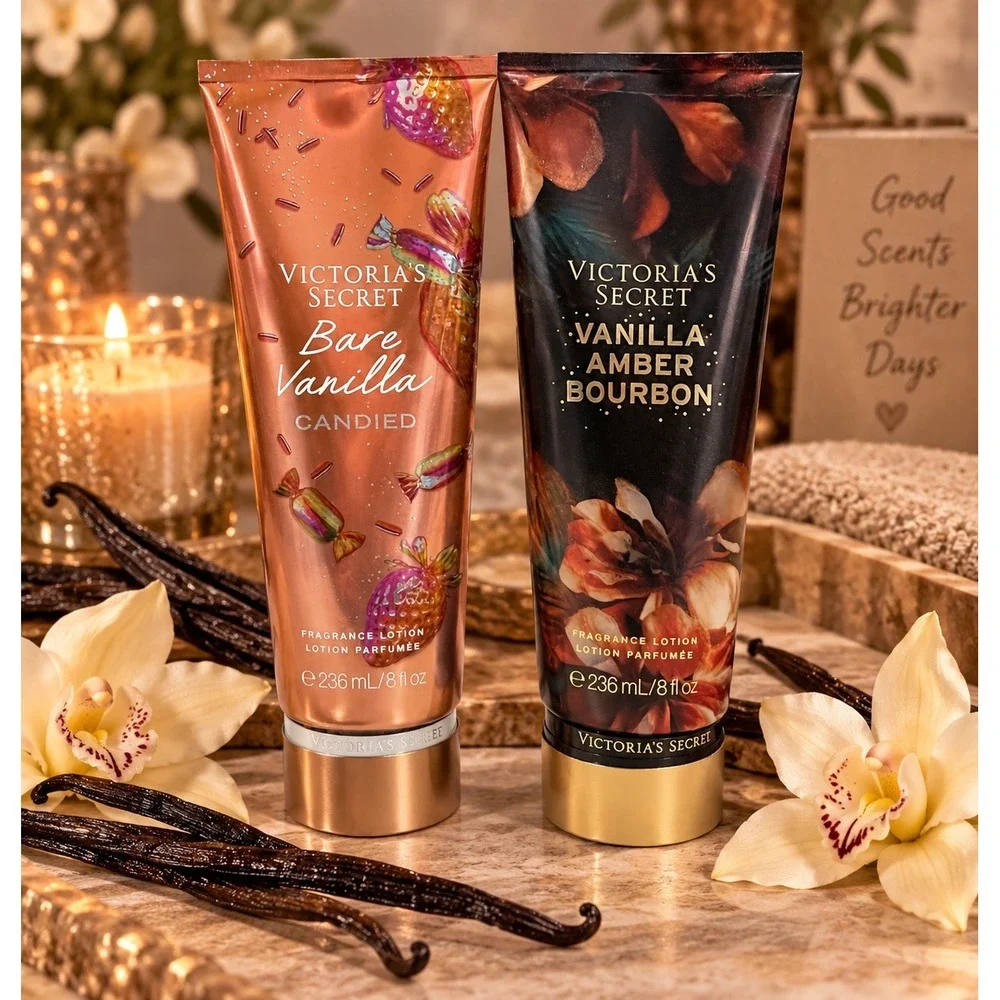 Victoria's Secret Vanilla Lotion Duo Bare Vanilla Candied + Amber Bourbon Sealed